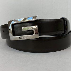 Gucci Narrow Long Silver G Buckle Brown Leather Belt Sz 85 (US 34)